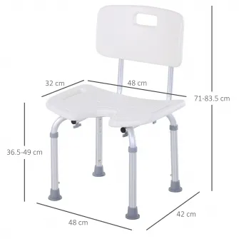 Scaun de Dus Reglabil pe 8 Nivele cu Orificii de Drenaj si sezut in Forma de U, 48x42x71-83,5 cm, Alb