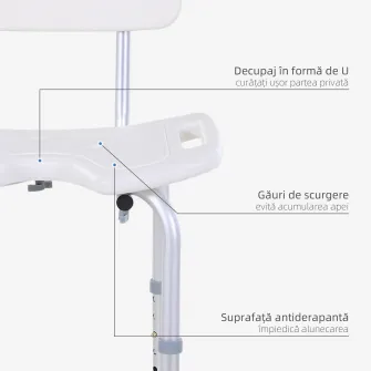 Scaun de Dus Reglabil pe 8 Nivele cu Orificii de Drenaj si sezut in Forma de U, 48x42x71-83,5 cm, Alb