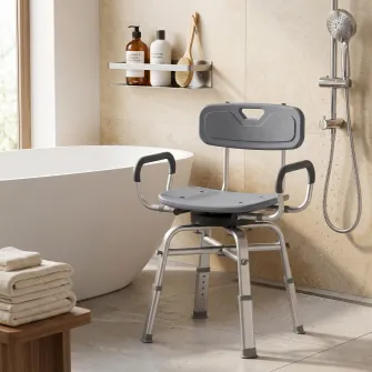 Scaun de Dus Rotativ cu inaltime Reglabila, Brate si Spatar, Capacitate 150 kg, Gri