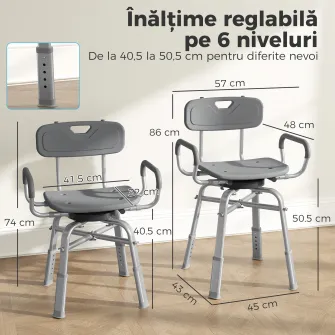 Scaun de Dus Rotativ cu inaltime Reglabila, Brate si Spatar, Capacitate 150 kg, Gri