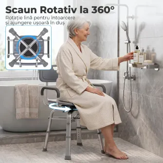 Scaun de Dus Rotativ cu inaltime Reglabila, Brate si Spatar, Capacitate 150 kg, Gri