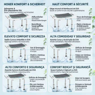Scaun de Dus din Aluminiu si Plastic Antialunecare, inaltime Reglabila 6 Niveluri 39-52cm, Gri