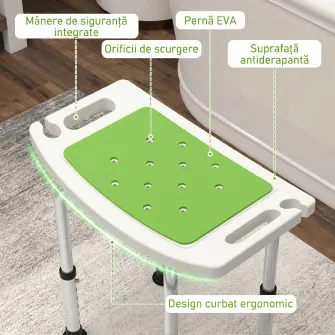 Scaun pentru dus din aluminiu si plastic antiderapant, inaltime reglabila pe 6 nivele, 39-52cm, verde