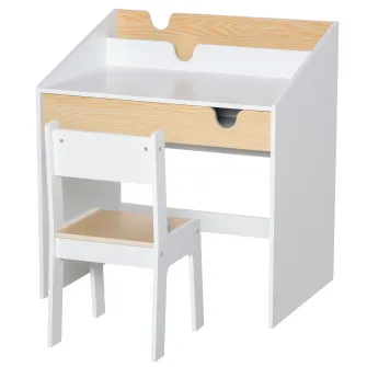 Set Birou si Scaun pentru Copii cu Sertar si Raft, Margini Rotunjite, Varsta 6-10 Ani, Alb si Lemn