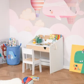 Set Birou si Scaun pentru Copii cu Sertar si Raft, Margini Rotunjite, Varsta 6-10 Ani, Alb si Lemn