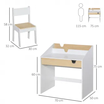 Set Birou si Scaun pentru Copii cu Sertar si Raft, Margini Rotunjite, Varsta 6-10 Ani, Alb si Lemn