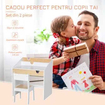 Set Birou si Scaun pentru Copii cu Sertar si Raft, Margini Rotunjite, Varsta 6-10 Ani, Alb si Lemn