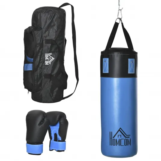 Set Sac de Box Suspendat cu Manusi, Sac de Box cu 3 Straturi si Geanta de Transport, Albastru