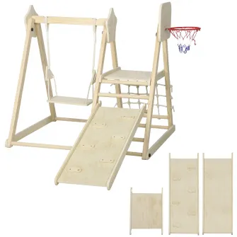Set de Catarare 5 in 1 cu Tobogan, 2 Pereti de Catarare, Leagan si Cos de Baschet, din Lemn, 140x172.5x116.5 cm