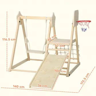 Set de Catarare 5 in 1 cu Tobogan, 2 Pereti de Catarare, Leagan si Cos de Baschet, din Lemn, 140x172.5x116.5 cm