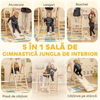 Set de Catarare 5 in 1 cu Tobogan, 2 Pereti de Catarare, Leagan si Cos de Baschet, din Lemn, 140x172.5x116.5 cm