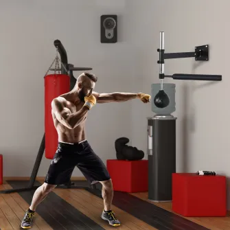 Speed Bag montabila pe perete pentru box si MMA, cu inaltime reglabila si suport, din otel si PU, 79x72x20 cm, neagra