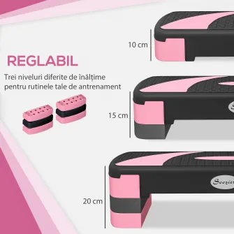 Step Fitness pentru Aerobic Reglabil pe 3 inaltimi, din Plastic, 80x31x10/15/20 cm, Roz