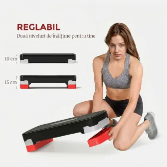 Step Fitness pentru Aerobic cu inaltime Reglabila 10-15 cm, 68x29cm Negru si Rosu