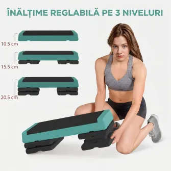 Stepper Fitness Reglabil la 10,5/15,5/20,5 cm cu Suprafata Antiderapanta si Capacitate 250 kg, Verde