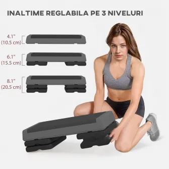 Stepper Fitness Reglabil la 10,5/15,5/20,5 cm cu Suprafata Antiderapanta si Capacitate de 250 kg, Gri