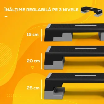 Stepper Reglabil pe inaltime cu Trepte Detasabile si Baza Antiderapanta, din ABS, 97x36x15/20/25 cm, Gri