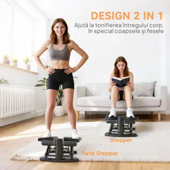 Stepper Twister 2 in 1 cu Monitor LCD, Pedale Mari si Antiderapante, Capacitate 100 kg, Negru