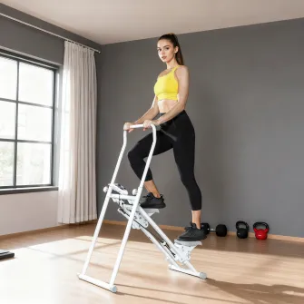 Stepper Vertical Pliabil cu Maner Reglabil, Pedale Antiderapante si Monitor LCD, Alb
