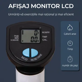 Stepper cu ghidon, pedale antiderapante si monitor LCD, din otel si ABS, 55x44x108 cm, alb-negru si alb