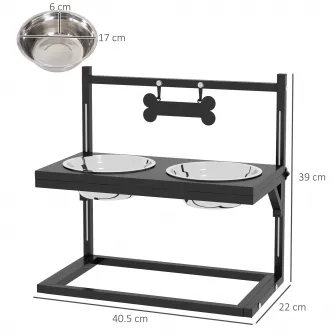 Suport Boluri pentru Caini Ridicat cu inaltime Reglabila, 2 Boluri din Otel de 900ml, Negru