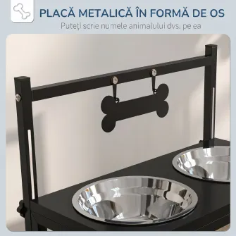 Suport Boluri pentru Caini Ridicat cu inaltime Reglabila, 2 Boluri din Otel de 900ml, Negru