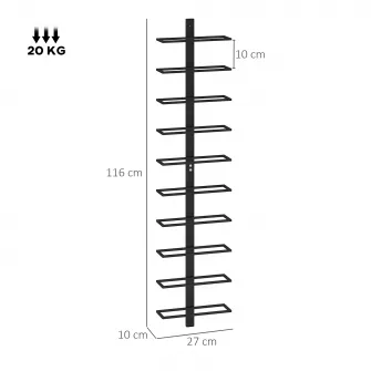 Suport de sticle de perete cu 10 rafturi din otel, negru, pentru 10 sticle, 27x10x116 cm