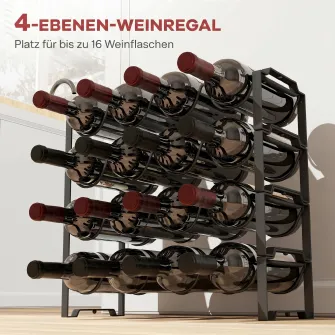 Suport pentru Sticle cu 4 Nivele Ondulate Stivabile pentru 16 Sticle, din Metal, 42,5x16,5x41 cm, Negru