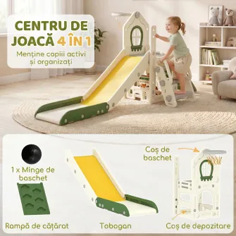 Tobogan pentru Copii 1-3 Ani cu Platforma de Catarare, Cos de Baschet, Spatiu de Depozitare, Trepte Antiderapante, Crem