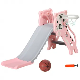 Tobogan pentru Copii 18-36 Luni cu Cos de Baschet Lateral si Tobogan din Plastic, 133x60x70 cm, Roz