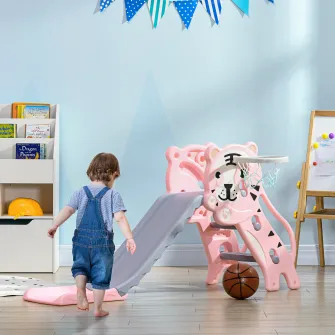 Tobogan pentru Copii 18-36 Luni cu Cos de Baschet Lateral si Tobogan din Plastic, 133x60x70 cm, Roz