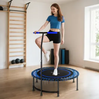 Trambulina Fitness ?145 cm cu Ghidon Reglabil pe 5 Pozitii, 36 Arcuri Bungee si Capacitate 200 kg, Albastru