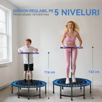 Trambulina Fitness ?145 cm cu Ghidon Reglabil pe 5 Pozitii, 36 Arcuri Bungee si Capacitate 200 kg, Albastru