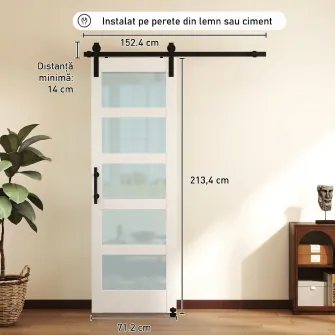 Usa Culisanta Interior Rustica cu sina Silentioasa, Kit Feronerie si Maner, Alb