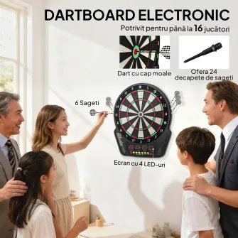 tinta pentru Darts cu 6 Sageti, Adaptor, 4 Afisaje LED si 27 de Jocuri, din ABS si PP, 44x51.5x3.2 cm, Negru