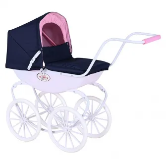 Carucior retro pentru papusi, Knorr Toys, Classic, copertina reglabila, include lenjerie asortata, husa de picioare, 80 x 31 x 71 cm, 3 Ani+, Navy Blue Rose Princess