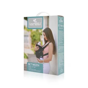 Marsupiu ergonomic pentru copii, Between, Lorelli, 2 pozitii, centuri de siguranta ajustabile, curele reglabile, pernuta pentru cap, 0-9 Kg, Black & Grey
