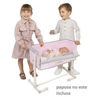 Patut co-sleeper pentru papusi, DeCuevas, reglabil pe inaltime, material captusit, detalii brodate, 3 ani+, colectia Sophie, Roz