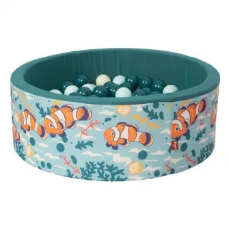 Piscina uscata cu bile pentru copii, Knorr Toys, contine 150 bile multicolore, umplutura din spuma moale, husa bumbac 100% detasabila si lavabila, diametru 90 cm, inaltime 30 cm, 0 Luni+, Clownfish