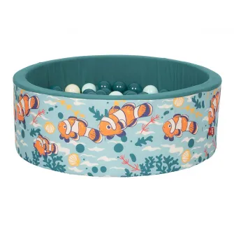 Piscina uscata cu bile pentru copii, Knorr Toys, contine 150 bile multicolore, umplutura din spuma moale, husa bumbac 100% detasabila si lavabila, diametru 90 cm, inaltime 30 cm, 0 Luni+, Clownfish