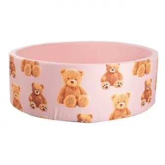 Piscina uscata cu bile pentru copii, Knorr Toys, contine 150 bile multicolore, umplutura din spuma moale, husa bumbac 100% detasabila si lavabila, diametru 90 cm, inaltime 30 cm, 0 Luni+, Teddy Pink