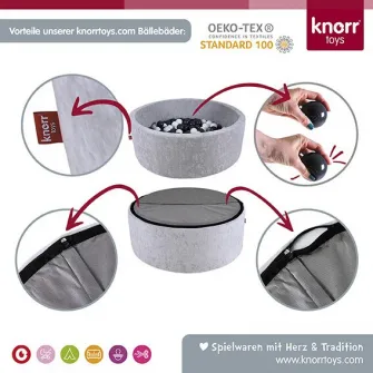 Piscina uscata cu bile pentru copii, Knorr Toys, contine 150 bile multicolore, umplutura din spuma moale, husa bumbac 100% detasabila si lavabila, diametru 90 cm, inaltime 30 cm, 0 Luni+, Teddy Pink