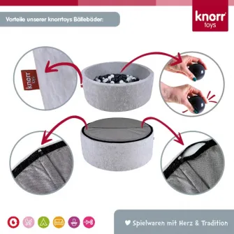 Piscina uscata cu bile pentru copii, Knorr Toys, contine 150 bile multicolore, umplutura din spuma moale, husa bumbac 100% detasabila si lavabila, diametru 90 cm, inaltime 30 cm, 0 Luni+, Teddy Pink