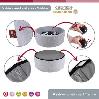 Piscina uscata cu bile pentru copii, Knorr Toys, contine 150 bile multicolore, umplutura din spuma moale, husa bumbac 100% detasabila si lavabila, diametru 90 cm, inaltime 30 cm, 0 Luni+, Teddy Pink