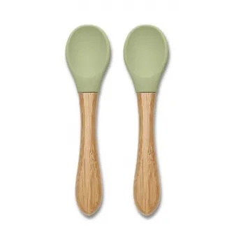 Set 2 lingurite din silicon si bambus, Lorelli, forma ergonomica, 6 luni+, Fresh Green
