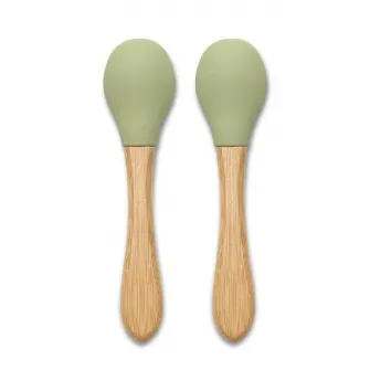 Set 2 lingurite din silicon si bambus, Lorelli, forma ergonomica, 6 luni+, Fresh Green