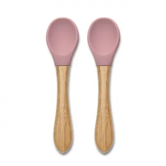 Set 2 lingurite din silicon si bambus, Lorelli, forma ergonomica, 6 luni+, Pink