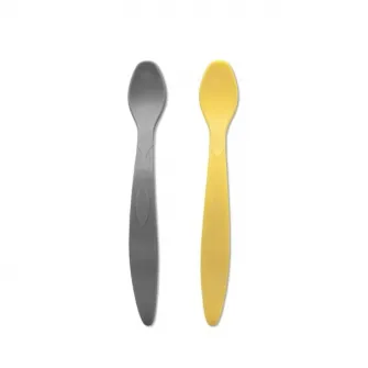Set de 2 lingurite flexibile, Lorelli, potrivit pentru trecerea la primele alimente semi lichide, margine rotunjita care protejeaza gingiile bebelusului, 6 luni+, galben si gri