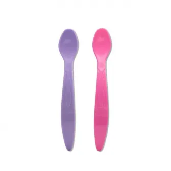 Set de 2 lingurite flexibile, Lorelli, potrivit pentru trecerea la primele alimente semi lichide, margine rotunjita care protejeaza gingiile bebelusului, 6 luni+, roz si mov