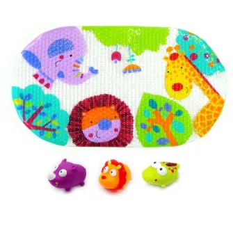 Set de baie 4 piese, Knorr Toys, include covoras de baie din PVC 69x39 cm si 3 jucarii animalele junglei, 0 Luni+
